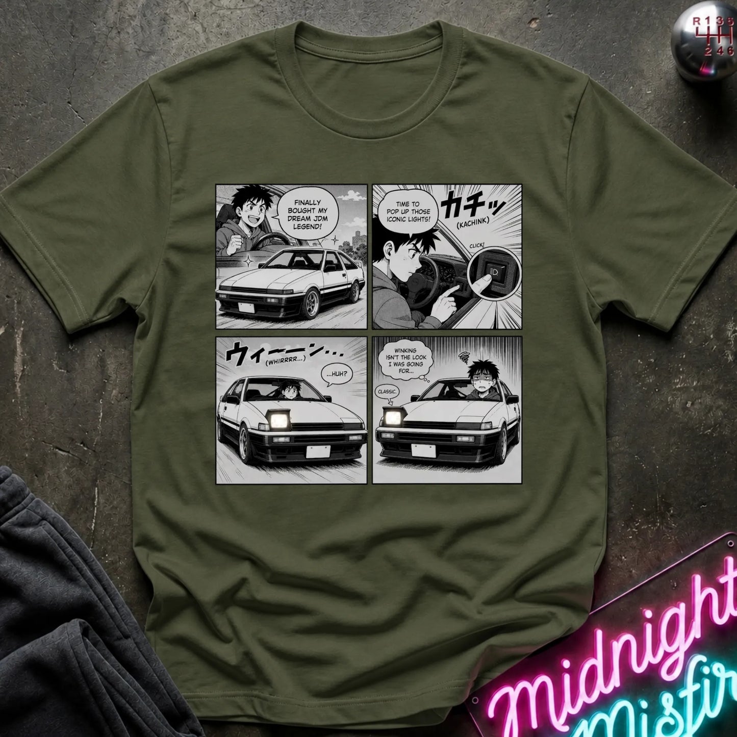 Olive green short-sleeve graphic t-shirt laid flat on a dark textured surface. The graphic features the text 'WEIGHT REDUCTION? NEVER HEARD OF HER.