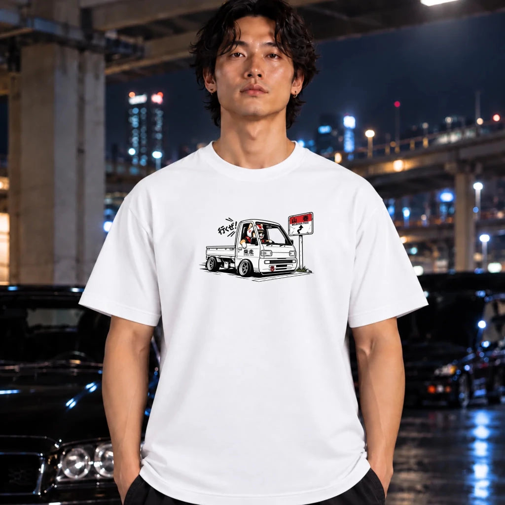 man wearing a white The shirt features a graphic print of shiba inu dog.