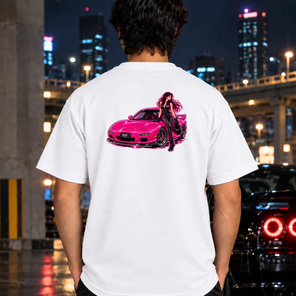 man wearing a whitet-shit featuring a large graphic print of an pink sports car with a woman in a black outfit on the back.