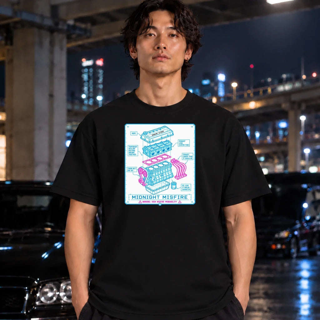 A man wearing a black graphic t-shirt with a colorful schematic engine, standing in a nighttime urban setting with blurred city lights and cars in the background.