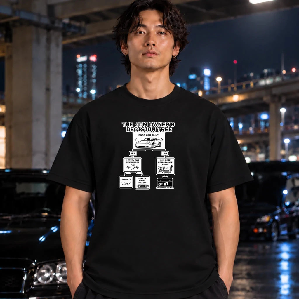 A man wearing a black graphic t-shirt with a white decision tree diagram, standing in a wet city street at night with cars and illuminated bridges in the background.