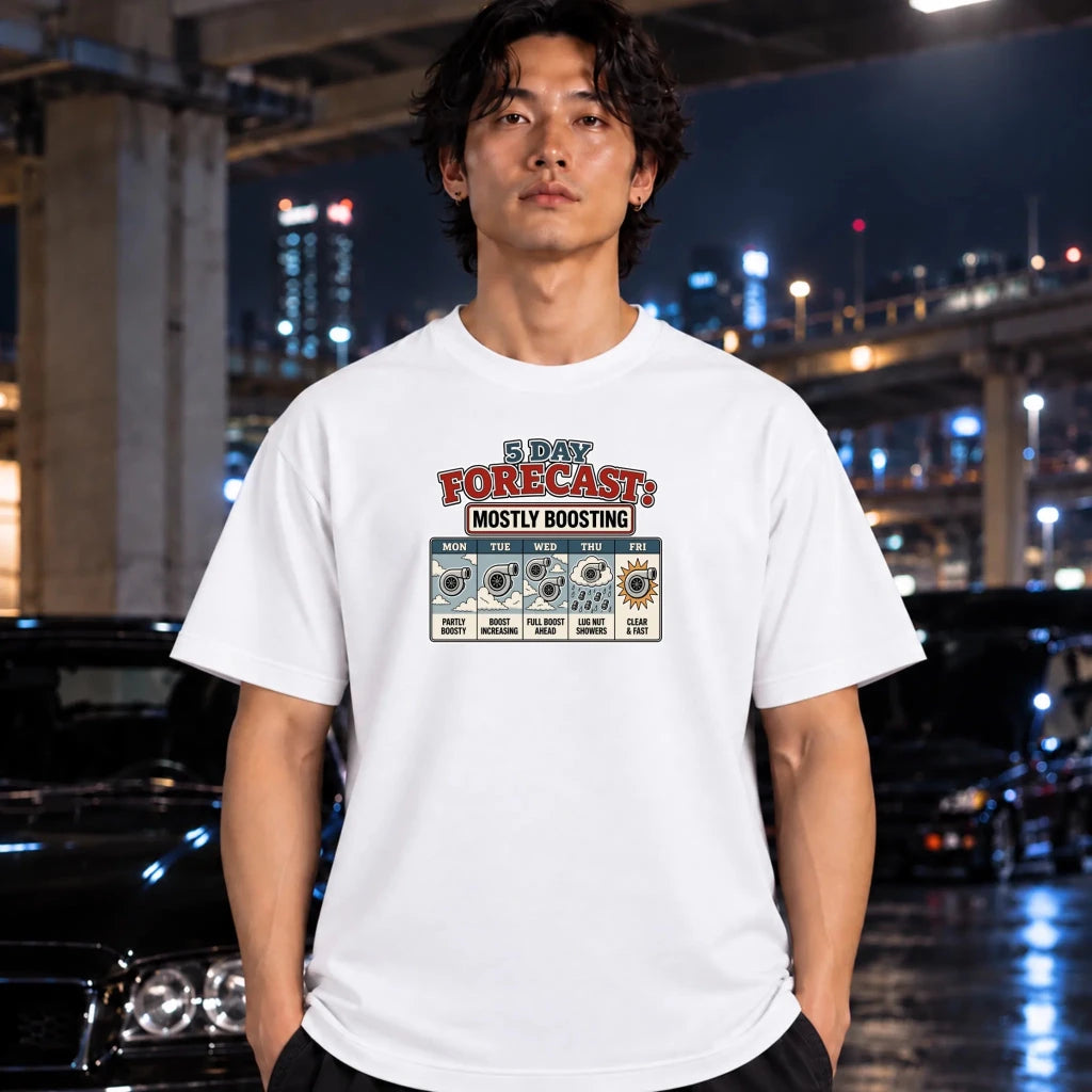 A man wearing a white graphic t-shirt with a '5 Day Forecast' design, standing outdoors at night in front of a blurred city background with cars.