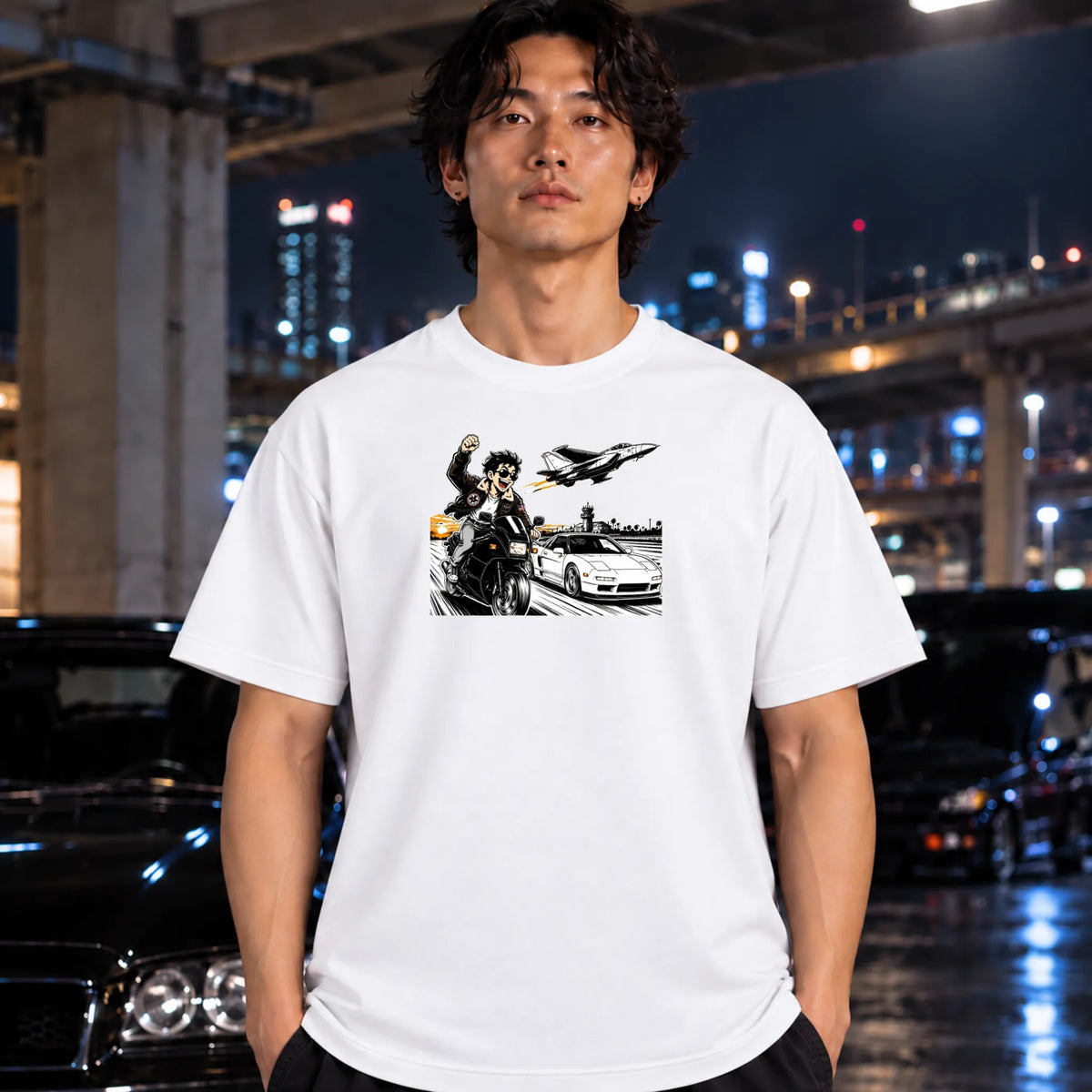 man wearing a white shirt featuring a black and white graphic print of a motorcycle racer, a sports car, and a jet plane.