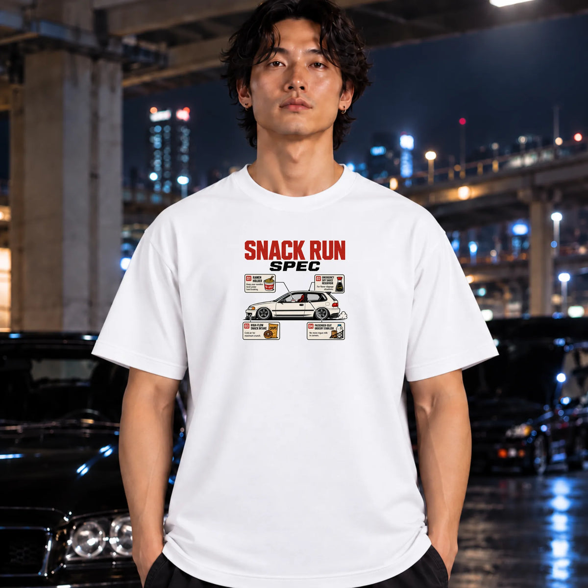 man wearing white short-sleeve t-shirt with a 'SNACK RUN SPEC' graphic on the chest