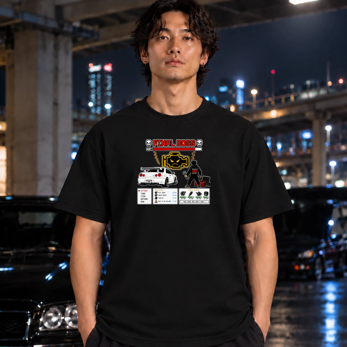Man wearing a black shirt features a 'Final Boss' engine design inspired by the rpg game.