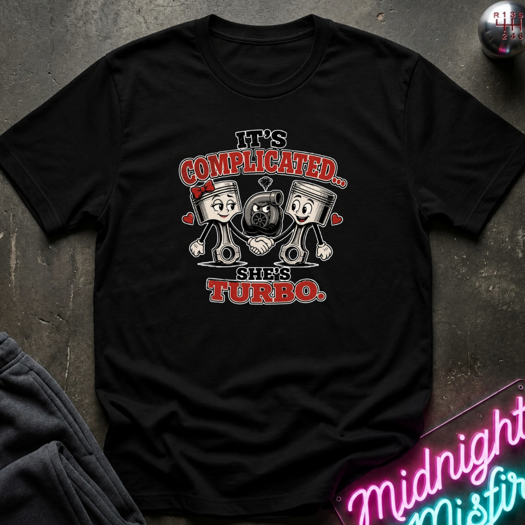 A black short-sleeve graphic T-shirt laid flat on a dark textured surface. The shirt features a cartoon-style chest print with two pistons, a crankshaft, and the text 'IT'S COMPLICATED.
