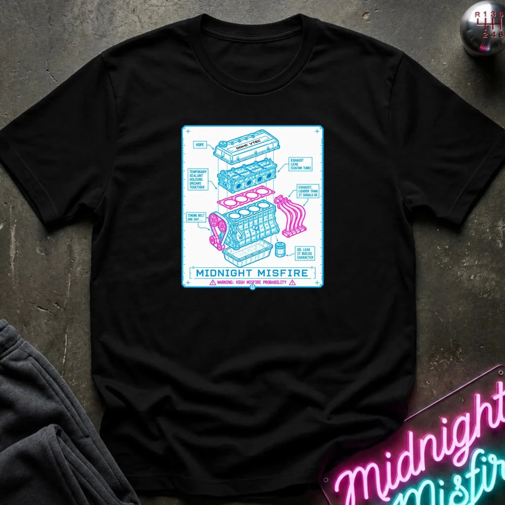 short-sleeve graphic T-shirt laid flat on a dark textured surface. The shirt features a centered rectangular print with a light blue and pink exploded-style engine diagram and the text 'MIDNIGHT MISFIRE.