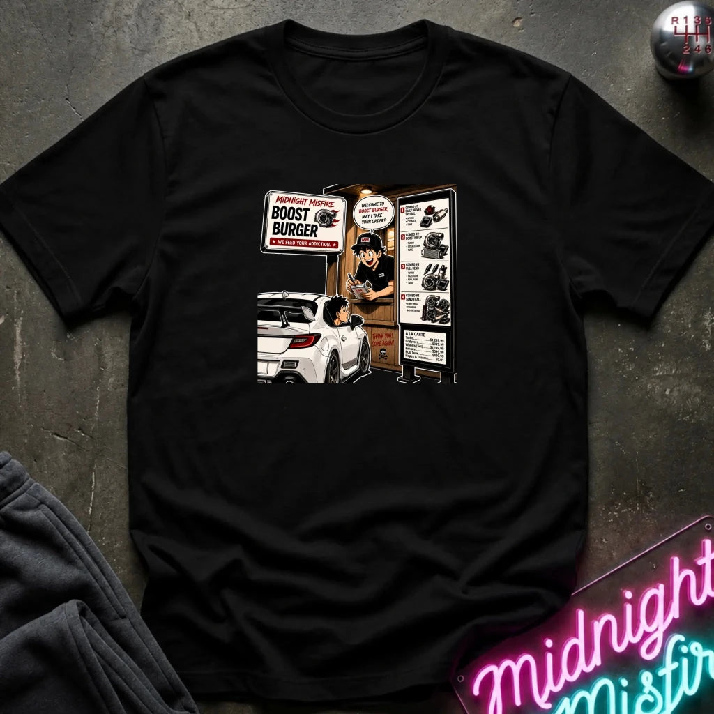 A black short-sleeve crewneck t-shirt with a retro-style graphic print on the front depicting a fast-food burger scene with a car and a sign reading 'BOOST BURGER'. 