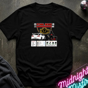 A black graphic t-shirt laid flat on a dark textured surface. The shirt features a 'Final Boss' engine design inspired by the rpg game.