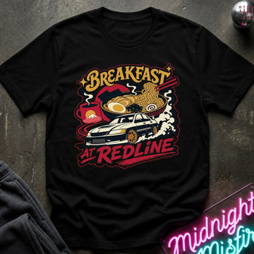 A black short-sleeve graphic T-shirt laid flat on a dark textured surface. The shirt features a colorful retro-style print with the words “Breakfast at Redline,” a white car, ramen noodles, an egg, and red abstract shapes.