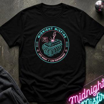 A black short-sleeve graphic T-shirt laid flat on a dark textured surface. The shirt features a circular teal and pink graphic of a car engine with the words 'MIDNIGHT MISFIRE' and 'LATE NIGHT / LOW PERFORMANCE.