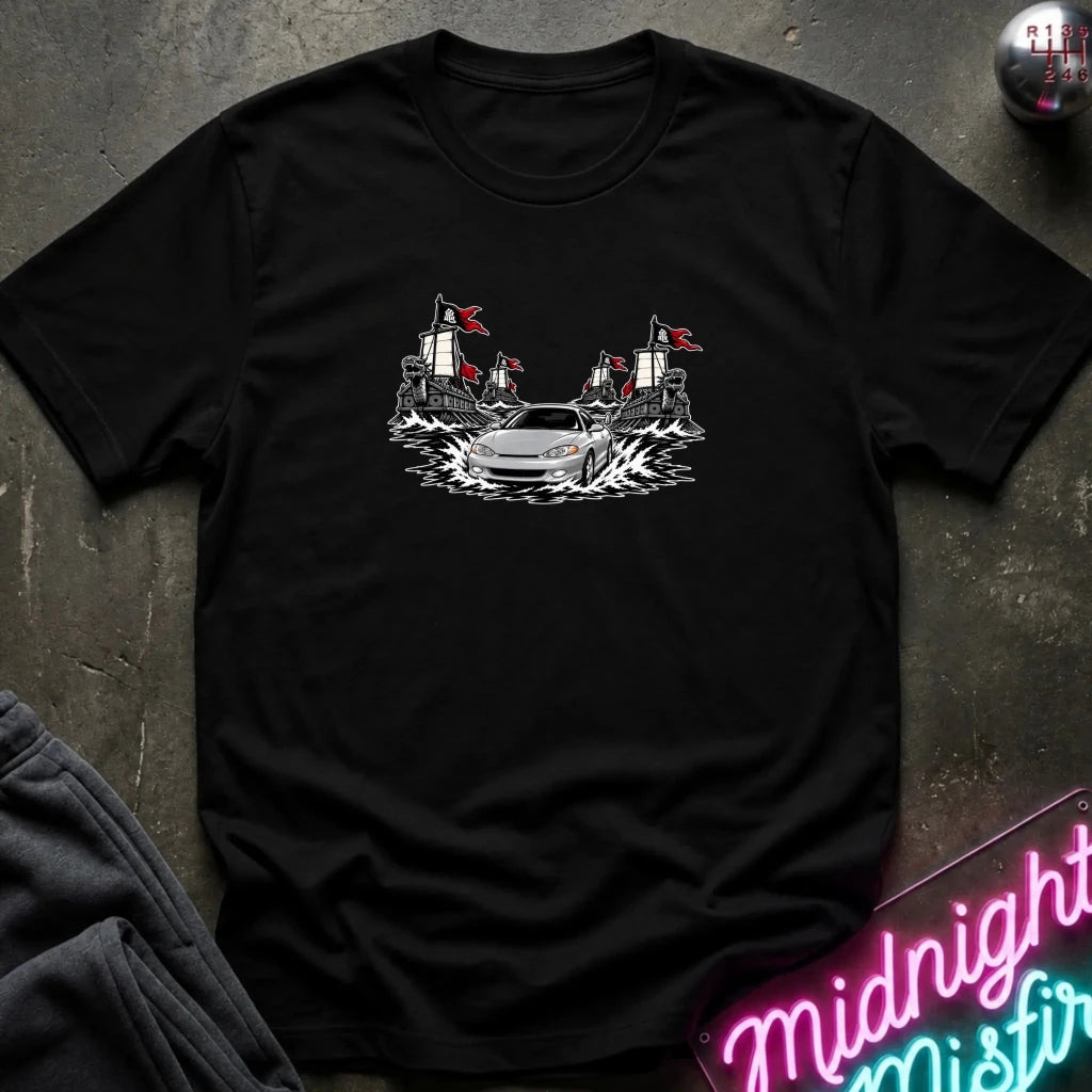 A black short-sleeved t-shirt that shows fleet of geobuksun and a silver shark car leading it.