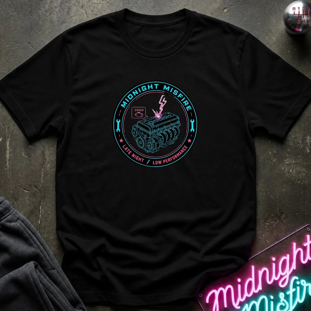 A black short-sleeve graphic t-shirt laid flat on a dark textured surface. The shirt features a circular retro-style graphic in teal, pink, and white with the text 'MIDNIGHT MISFIRE' 
