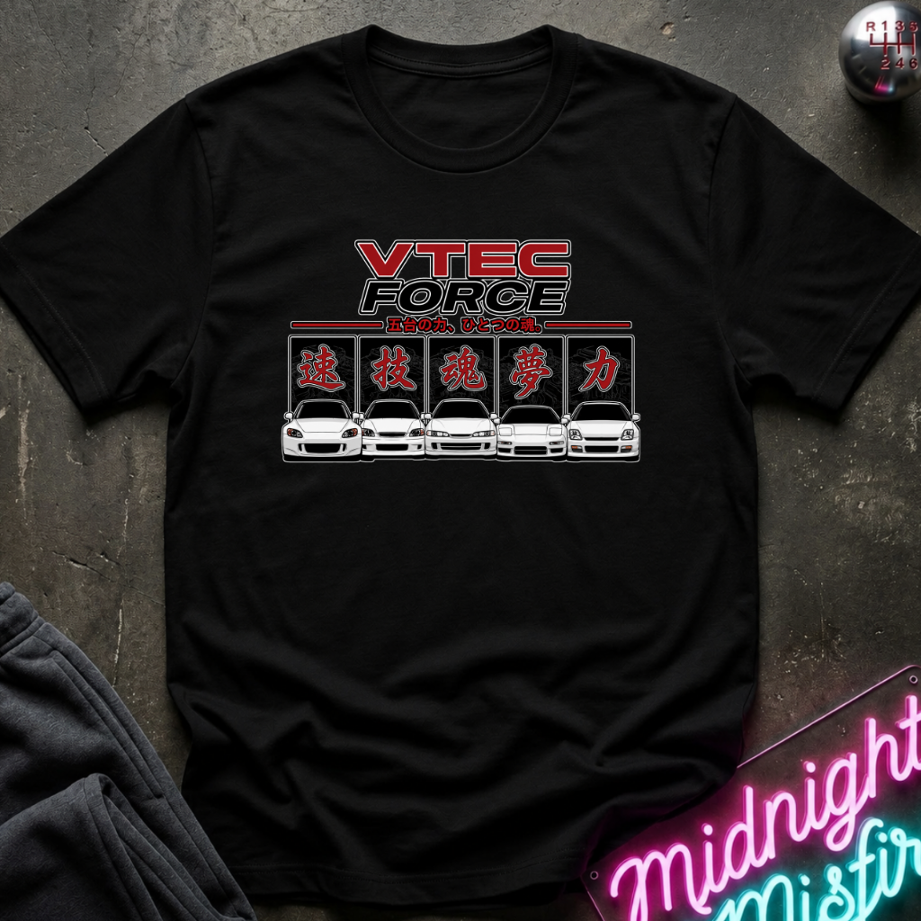 A black short-sleeve graphic t-shirt laid flat on a dark textured surface. The shirt features a red and white 'VTEC FORCE' logo above a row of five white sports cars with red Japanese characters.