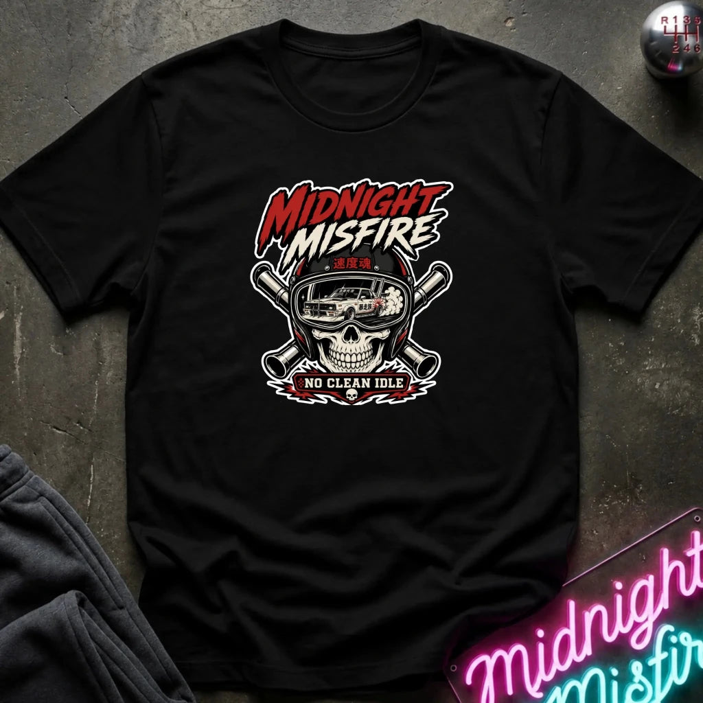 A black graphic t-shirt laid flat on a dark textured surface. The shirt features a central graphic of a skull wearing a racing helmet with crossed pipes behind it, and the text 'MIDNIGHT MISFIRE' and 'NO CLEAN IDLE'.