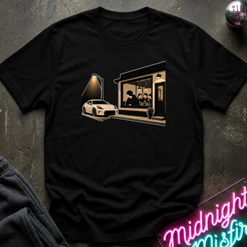 A black short-sleeve graphic t-shirt laid flat on a dark textured surface. The graphic shows a white sports car parked outside a dimly lit cafe with a neon sign in the foreground.