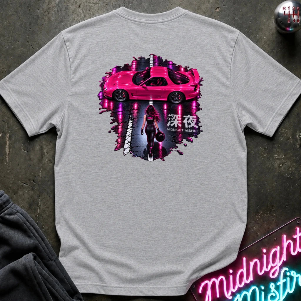 A light gray heather crewneck t-shirt featuring a large graphic print on the back. The graphic depicts a pink sports car with a neon reflection effect, a woman in a black dress, and Japanese characters 