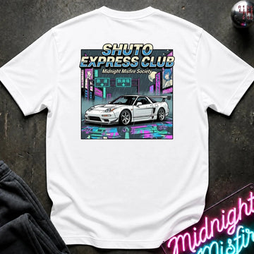 A white short-sleeve t-shirt laid flat on a dark textured surface, featuring a large graphic print on the front with the text 'SHUTO EXPRESS CLUB' and 'Midnight Misfire Society' above an illustration of a white sports car in a neon cyberpunk city scene.