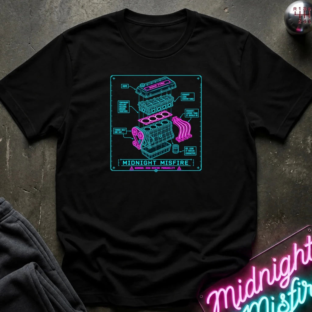 black short-sleeve graphic T-shirt laid flat on a dark textured surface. The shirt features a centered rectangular print with a light blue and pink exploded-style engine diagram and the text 'MIDNIGHT MISFIRE.