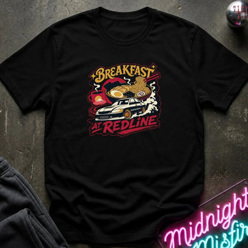 A black short-sleeve graphic t-shirt laid flat on a dark textured surface. The graphic features a retro breakfast theme with the text 'Breakfast at Redline' in red and yellow, surrounding a car, eggs, and a coffee cup.