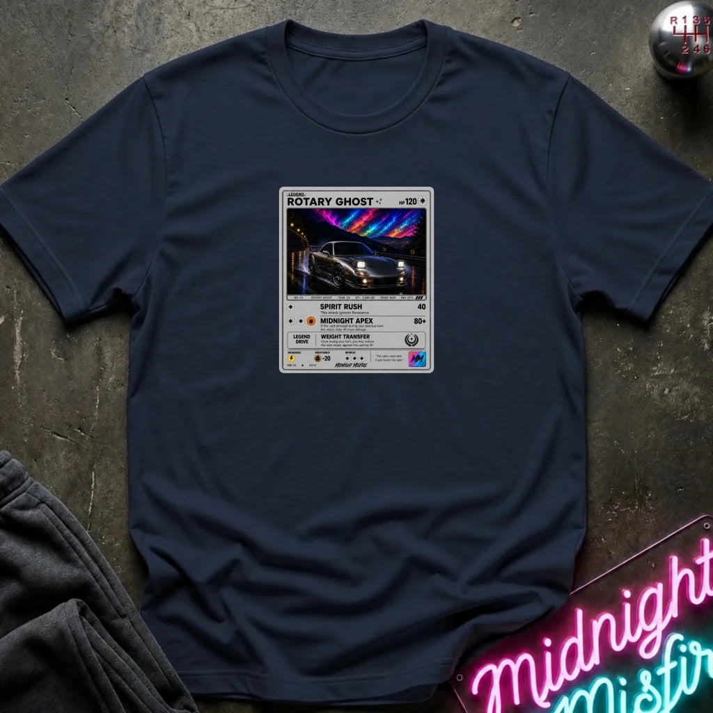 navy crewneck t-shirt laid flat on a dark textured surface, featuring a graphic print of vintage card and a car.