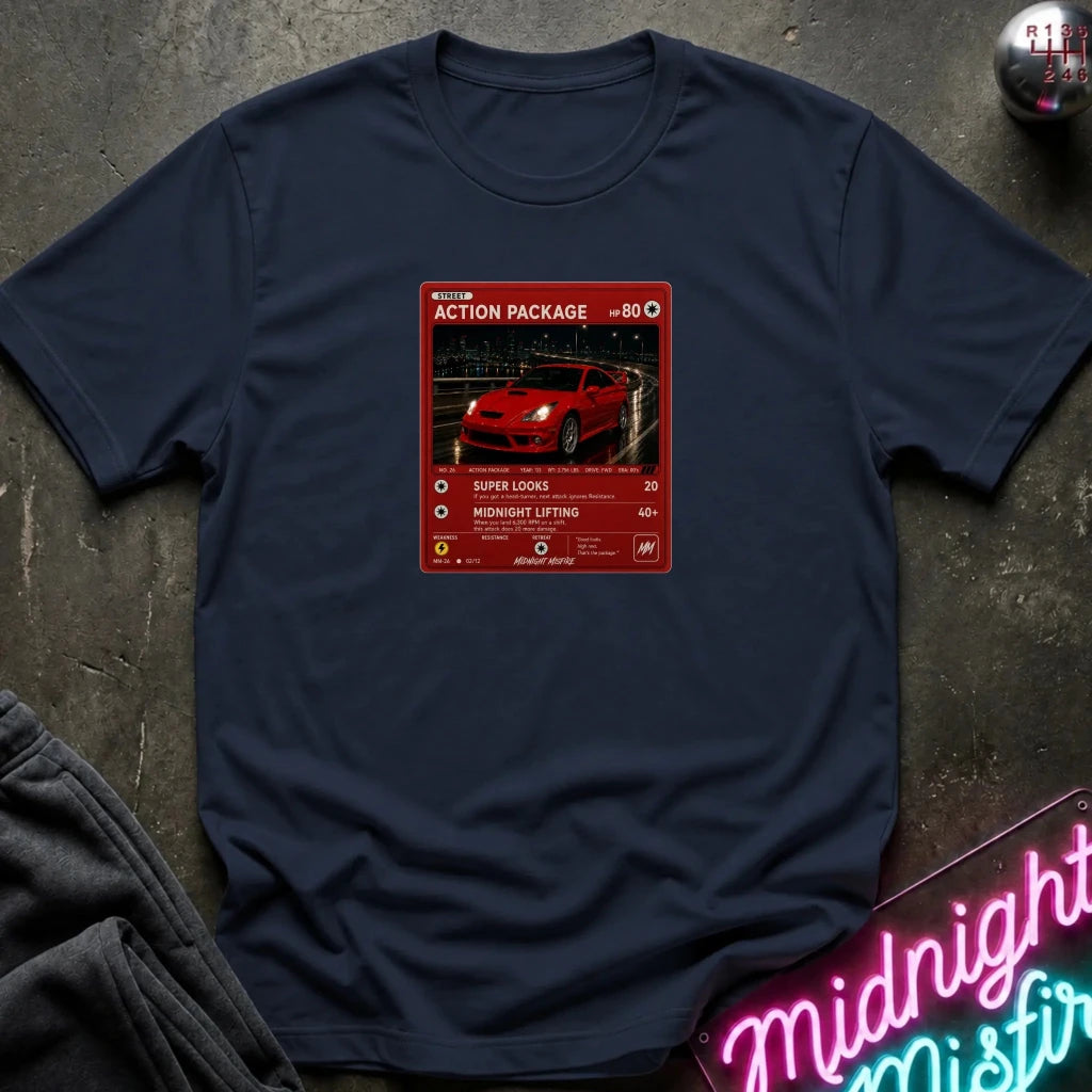 navy crewneck t-shirt laid flat on a dark textured surface, featuring a red graphic print vintage card and a car.