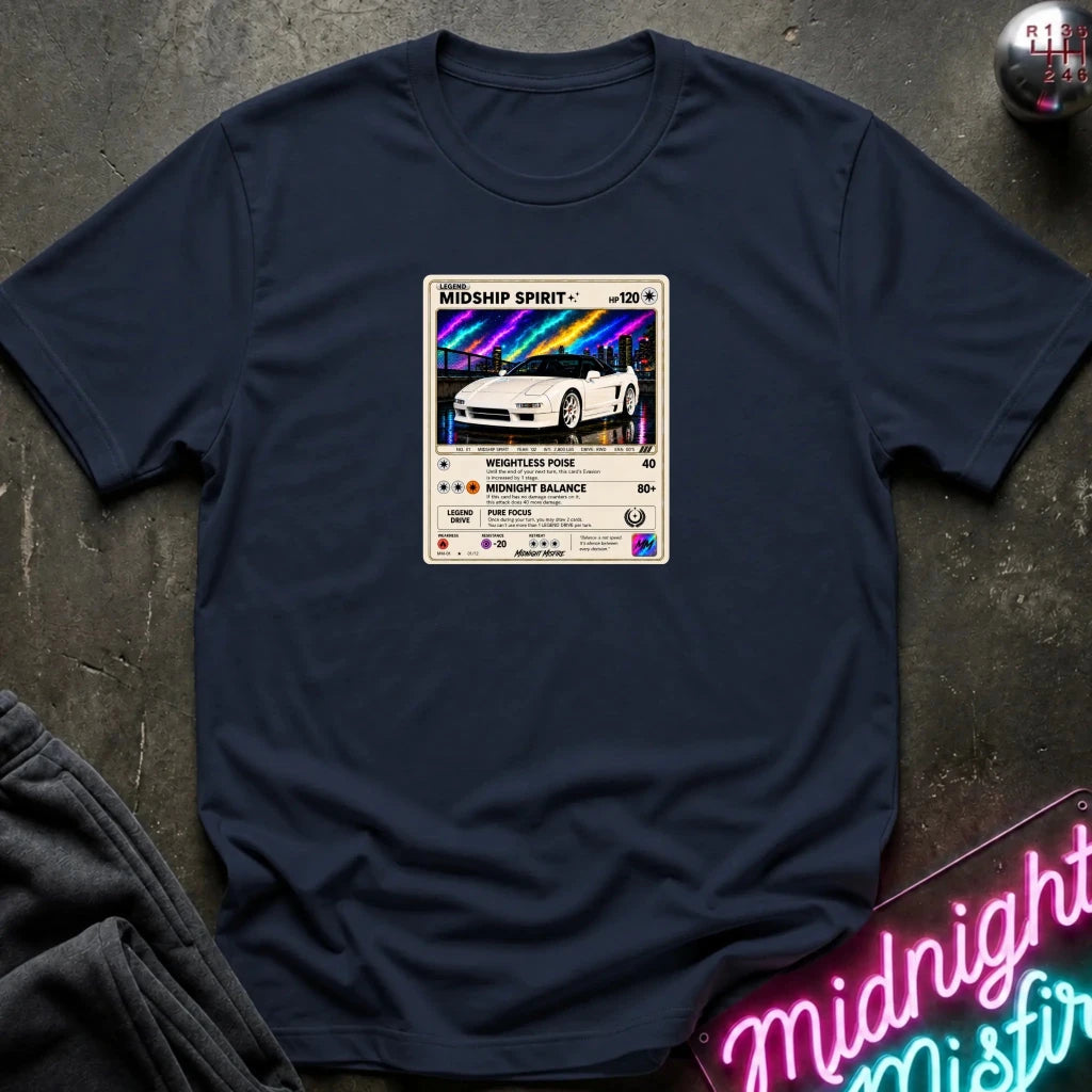 navy crewneck t-shirt laid flat on a dark textured surface, featuring a graphic print of vintage card and a car.