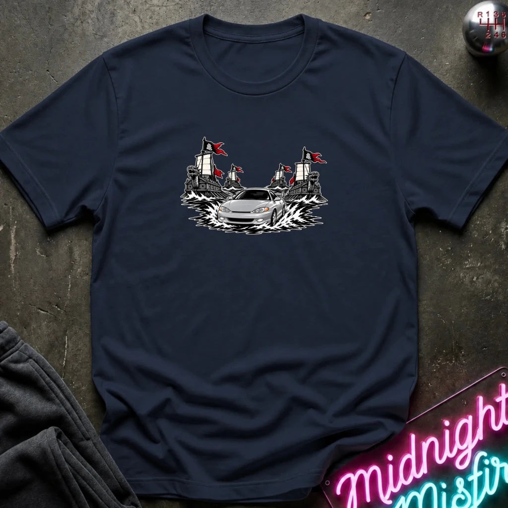 A navy short-sleeved t-shirt that shows fleet of geobuksun and a silver shark car leading it.