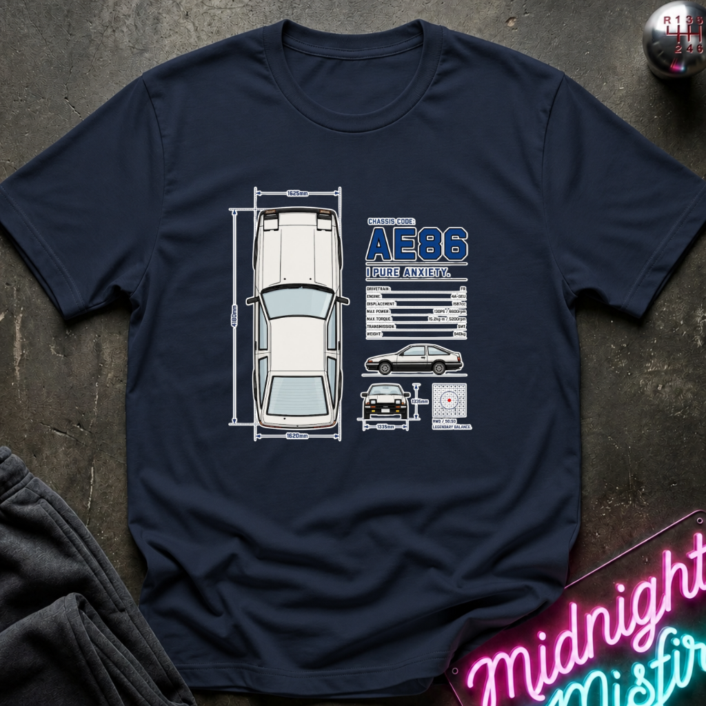 A navy blue crewneck t-shirt featuring a white and blue graphic of a car schematic, laid flat on a dark textured surface with a neon sign in the corner.