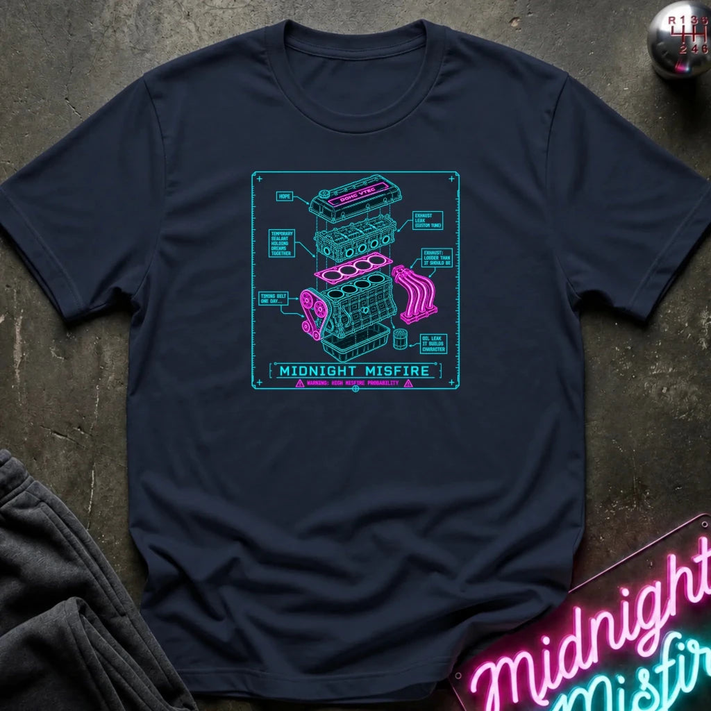 A navy blue short-sleeve t-shirt laid flat on a dark textured surface, featuring a colorful graphic of a neon-style engine diagram with the text 'MIDNIGHT MISFIRE'. A partial neon sign and dark fabric are visible in the corners as styled props.