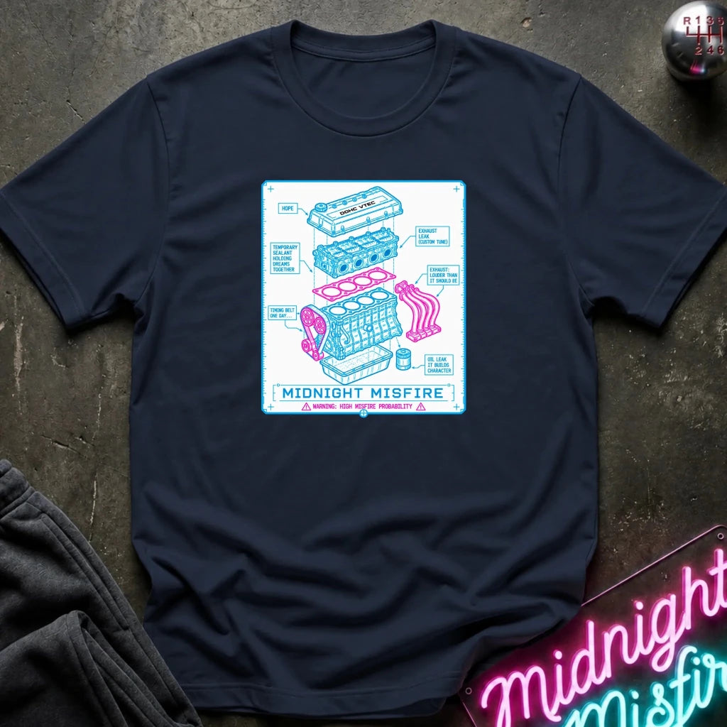A navy blue crewneck t-shirt laid flat on a dark textured surface, featuring a colorful graphic print of a car engine labeled 'Midnight Misfire'.
