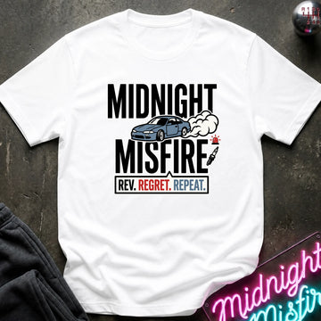 A white short-sleeve graphic T-shirt laid flat on a dark textured surface. The shirt features a black text design reading 'MIDNIGHT MISFIRE' with a blue car, smoke, and a red/white/black tag below reading 'REV.