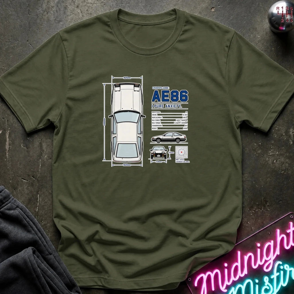 An olive green crewneck t-shirt featuring a detailed graphic of a car  blueprint and specifications, laid flat on a dark textured surface.