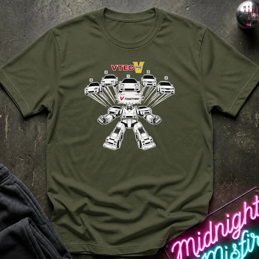 An olive green crewneck t-shirt featuring a graphic of a multi-armed robot made of white cars