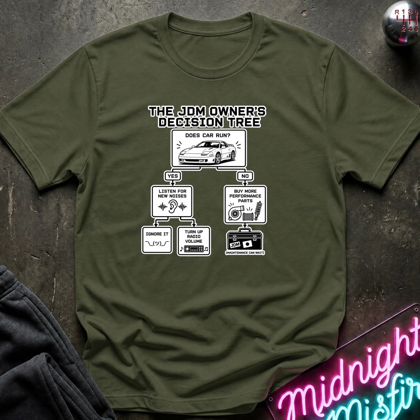 A olive green short-sleeve graphic T-shirt laid flat on a dark textured surface. The shirt features a black printed decision tree titled 'THE JDM OWNER'S DECISION TREE' with illustrations and text related to car care and maintenance.