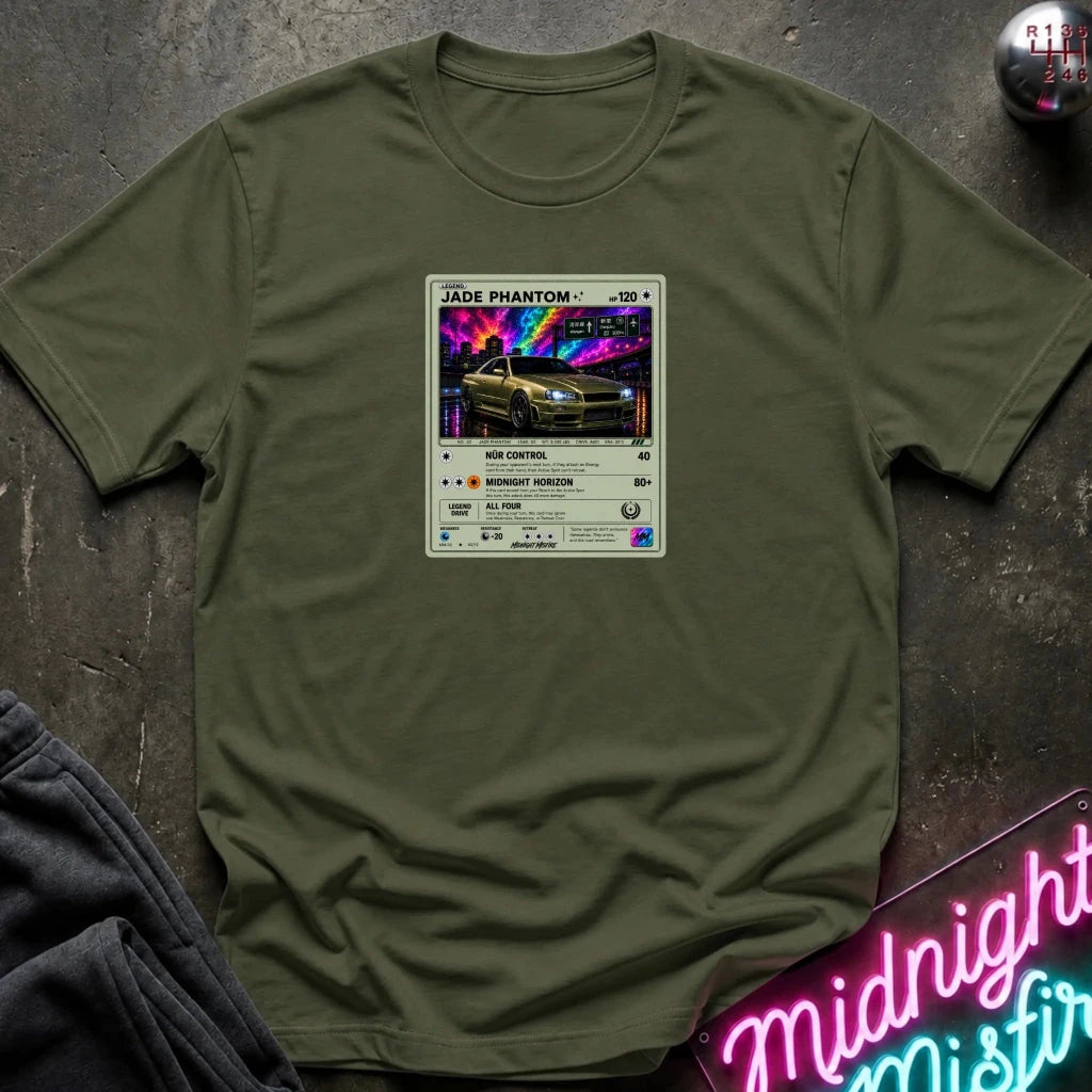 olive crewneck t-shirt laid flat on a dark textured surface, featuring a graphic print of vintage card and a car.