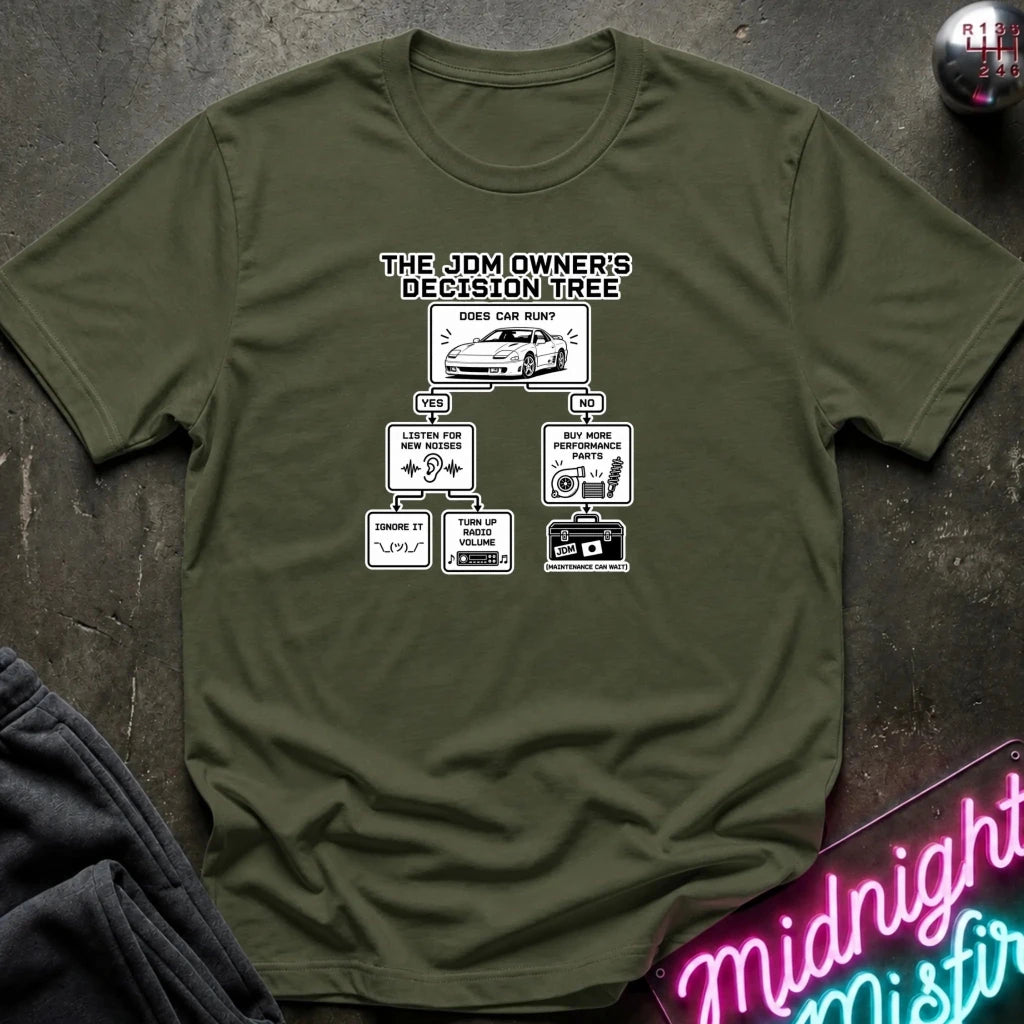 An olive green crewneck t-shirt with a white graphic print titled 'THE JDM OWNER'S DECISION TREE' showing a car and various maintenance boxes, laid flat on a dark textured surface with a neon sign in the corner.