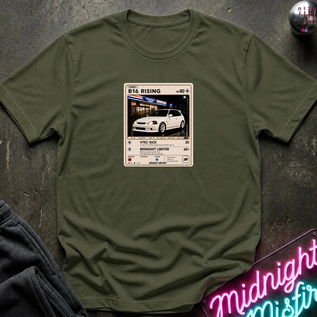 olive  crewneck t-shirt laid flat on a dark textured surface, featuring a graphic print of vintage card and a car.