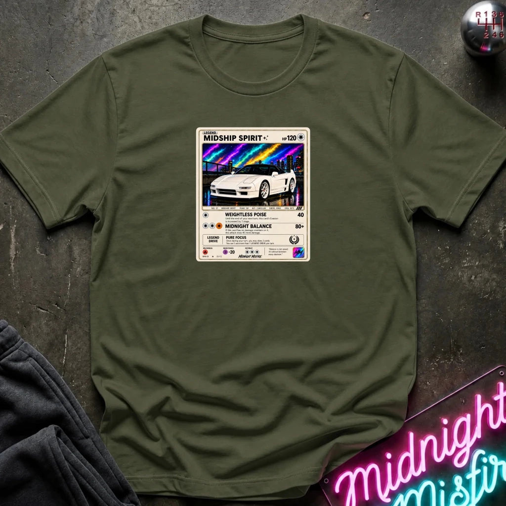 olive crewneck t-shirt laid flat on a dark textured surface, featuring a graphic print of vintage card and a car.