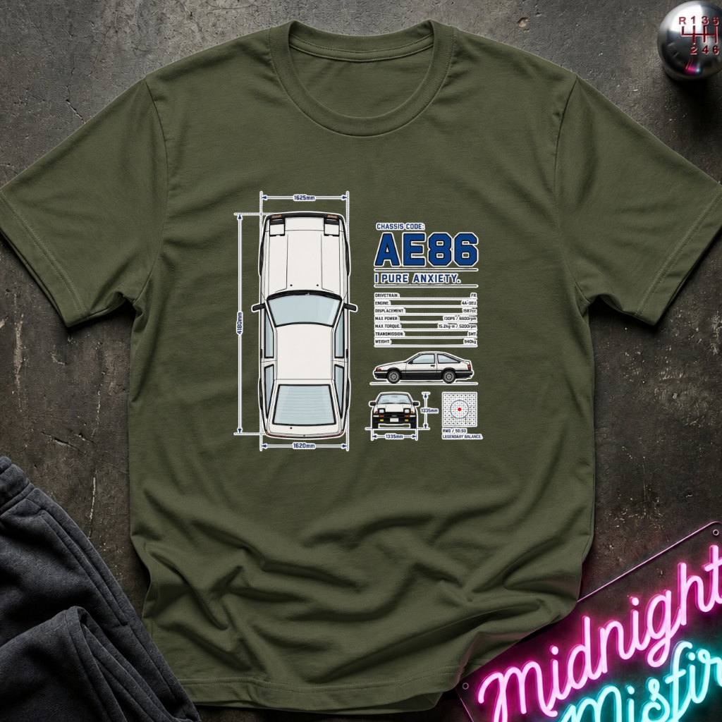 An olive green crewneck t-shirt featuring a graphic print of a classic car blueprint with dimensions and specifications, styled flat on a dark textured surface with a neon sign in the background.