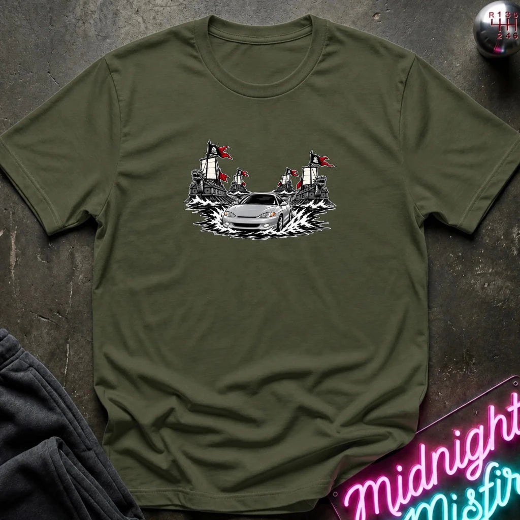 a military green short-sleeved t-shirt that shows fleet of geobuksun and a silver shark car leading it.