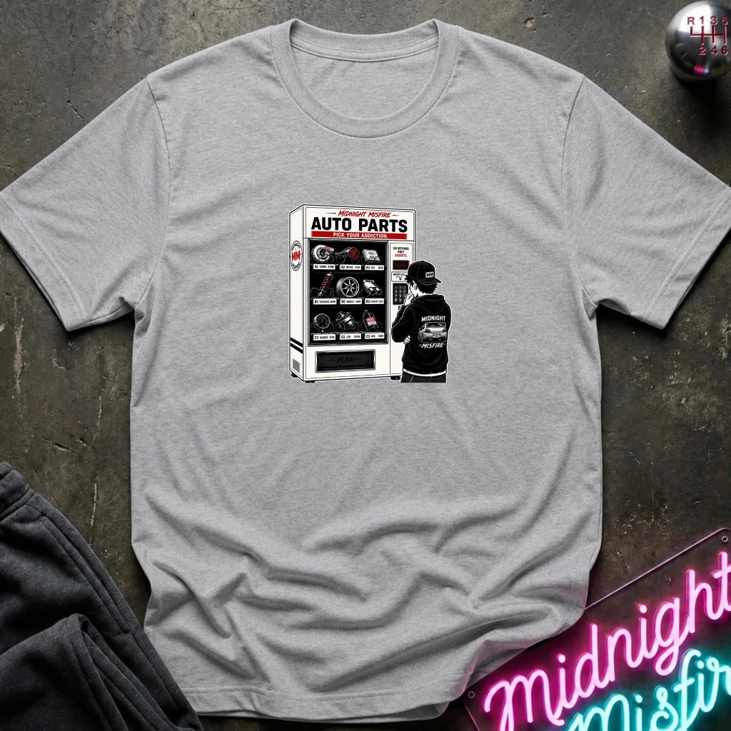A heather gray short sleeved t-shirt featuring a person in front of a vending machine  with car parts.