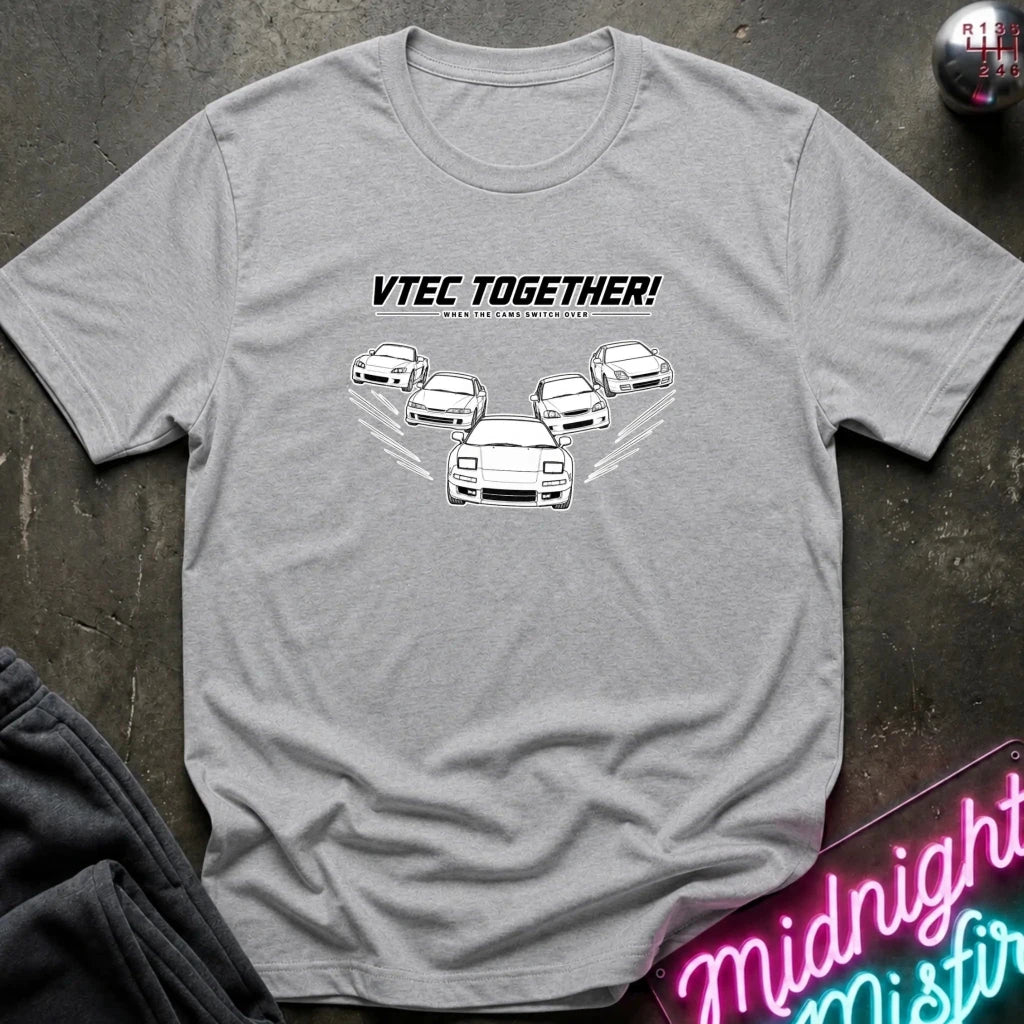 A heather gray short-sleeve t-shirt with a white graphic print of several cars and the text 'VTEC TOGETHER! 
