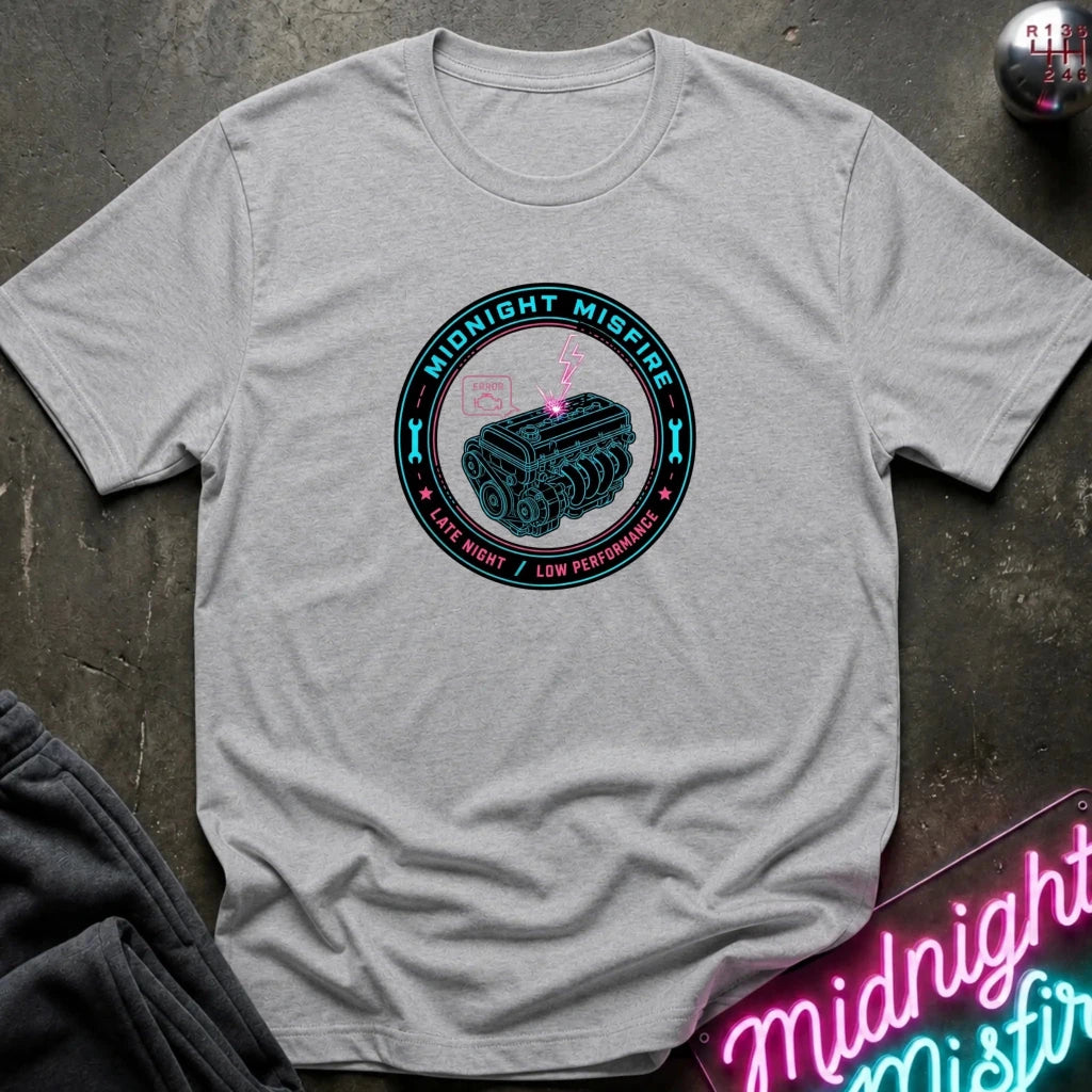 A light gray crewneck t-shirt laid flat on a dark textured surface, featuring a circular graphic in the center with a teal engine illustration, pink sparkles, and the text 'MIDNIGHT MISFIRE'.