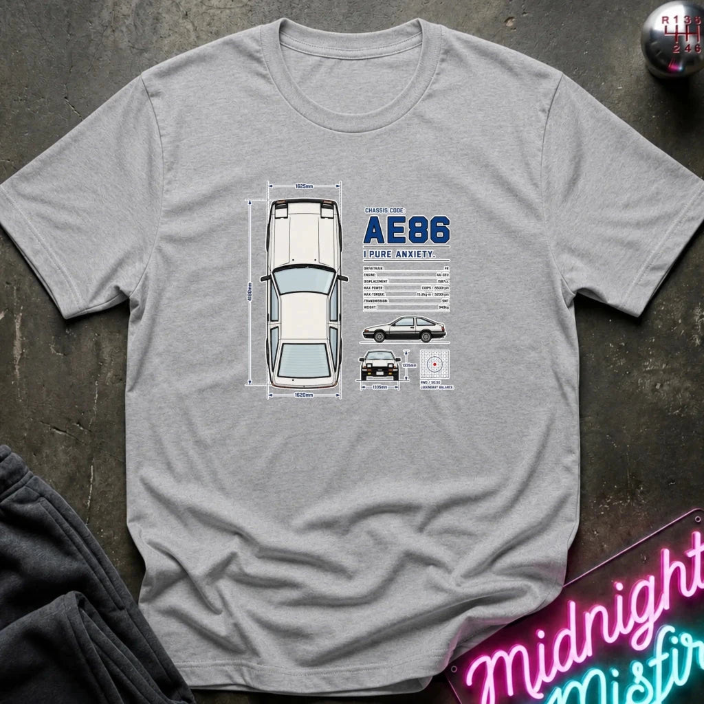 A heather gray crewneck t-shirt featuring a vintage-style car schematic graphic on the front. The graphic shows a detailed top-down and side profile view of a car with dimensions a