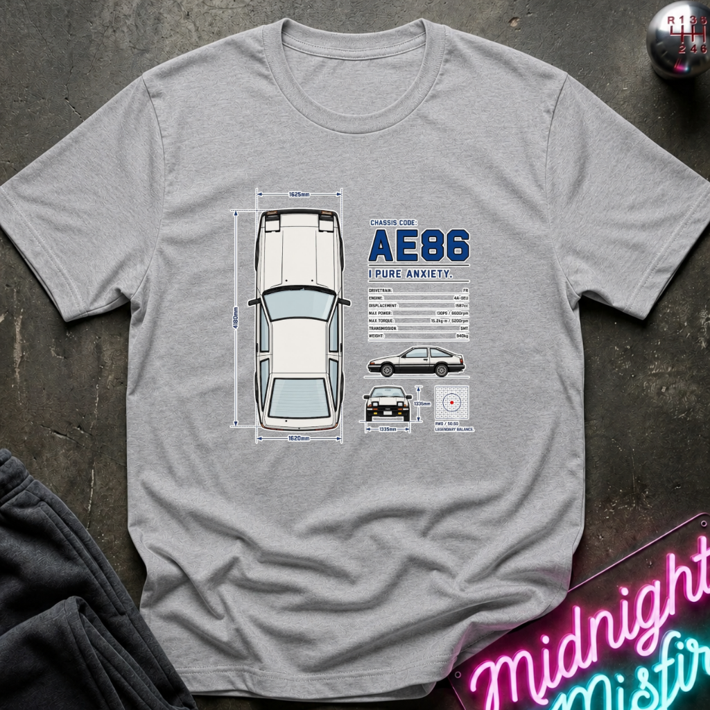 A heather gray t-shirt laid flat on a dark textured surface, featuring a graphic print of a car schematic.