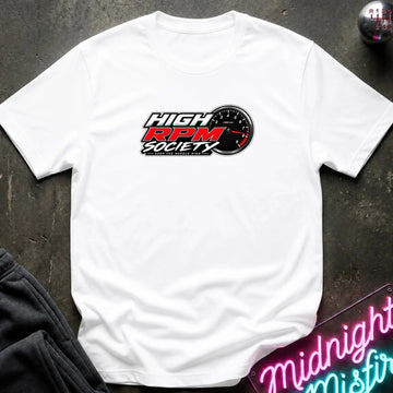 A white short-sleeve t-shirt laid flat on a dark textured surface, featuring a 'High RPM Society' logo printed on the chest with a black and red design. 