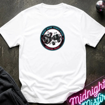 A white short-sleeve crewneck t-shirt laid flat on a dark textured surface. The center of the shirt features a circular graphic with a black and silver turbocharger illustration and red and teal text reading 