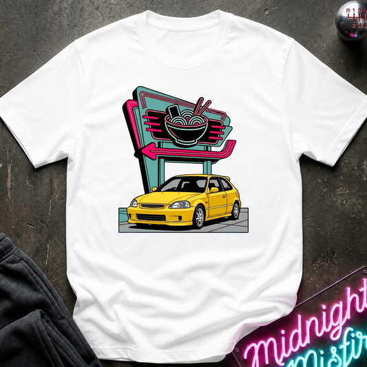 A white short-sleeve t-shirt laid flat on a dark textured surface, featuring a colorful graphic print of a white EK CIVIC sports car parked in front of a neon-style sign with a bowl of ramen and chopsticks.