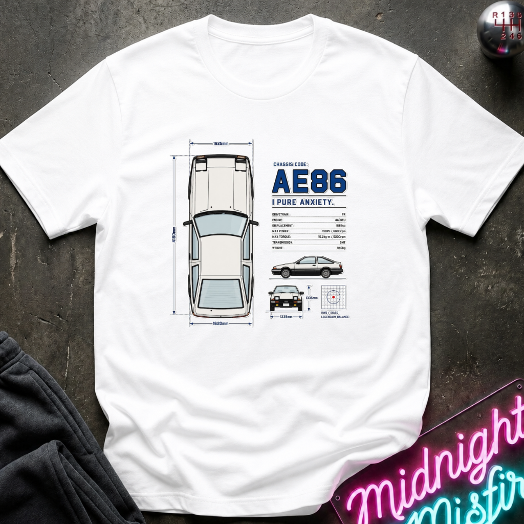 A white short-sleeve t-shirt laid flat on a dark textured surface, featuring a graphic print of a car schematics. The shirt is styled with dark gray pants and a pink neon sign in the background.